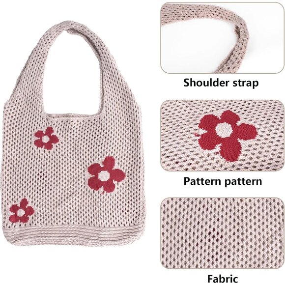 Women's Light Brown Crochet Bag Cute Mesh Summer Knitted Shoulder Beach Tote Bag - Picture 3 of 7